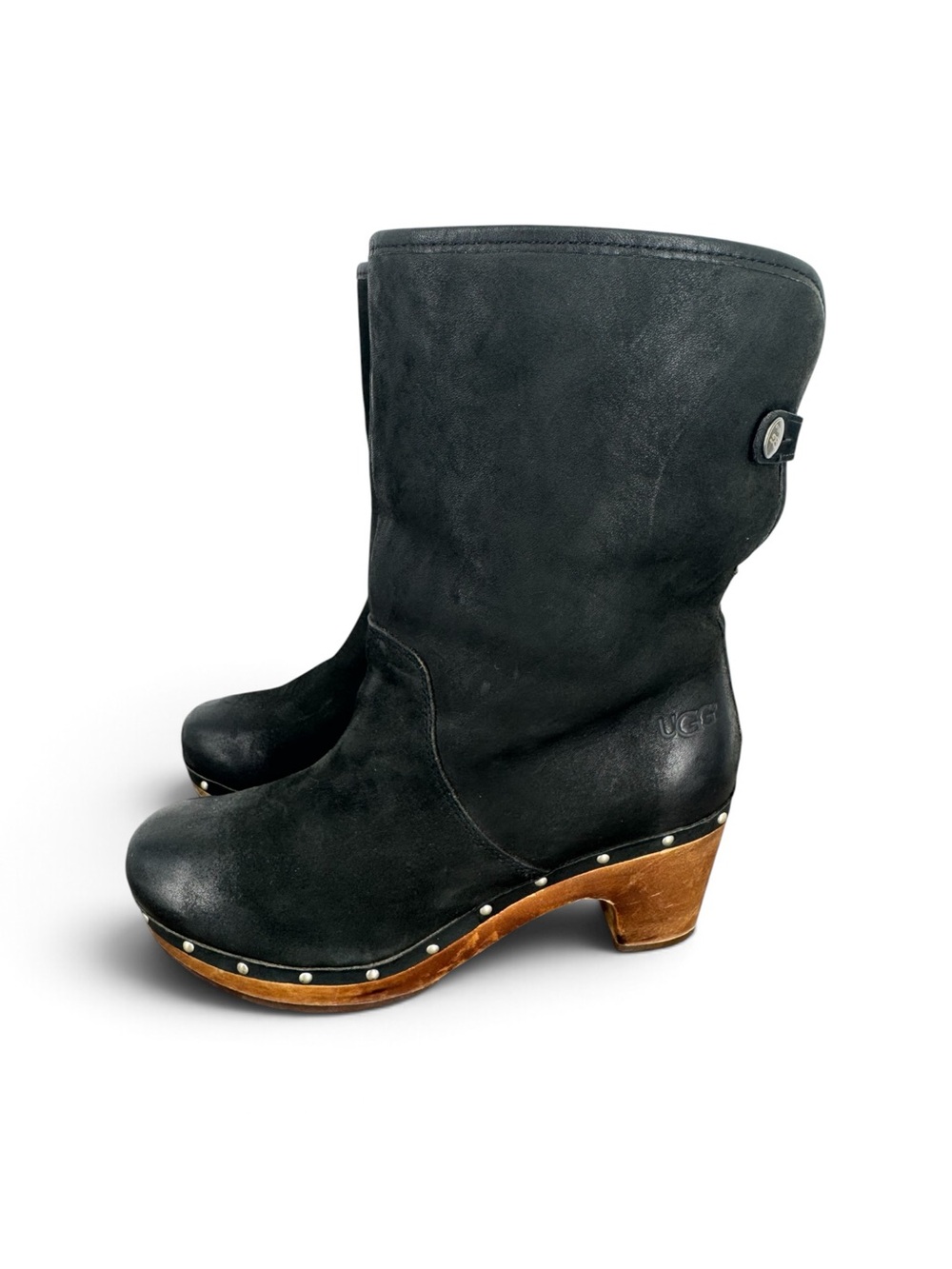 UGG AUSTRALIA Lynnea Black Nubuck Leather Shearling Wood Clog Boots